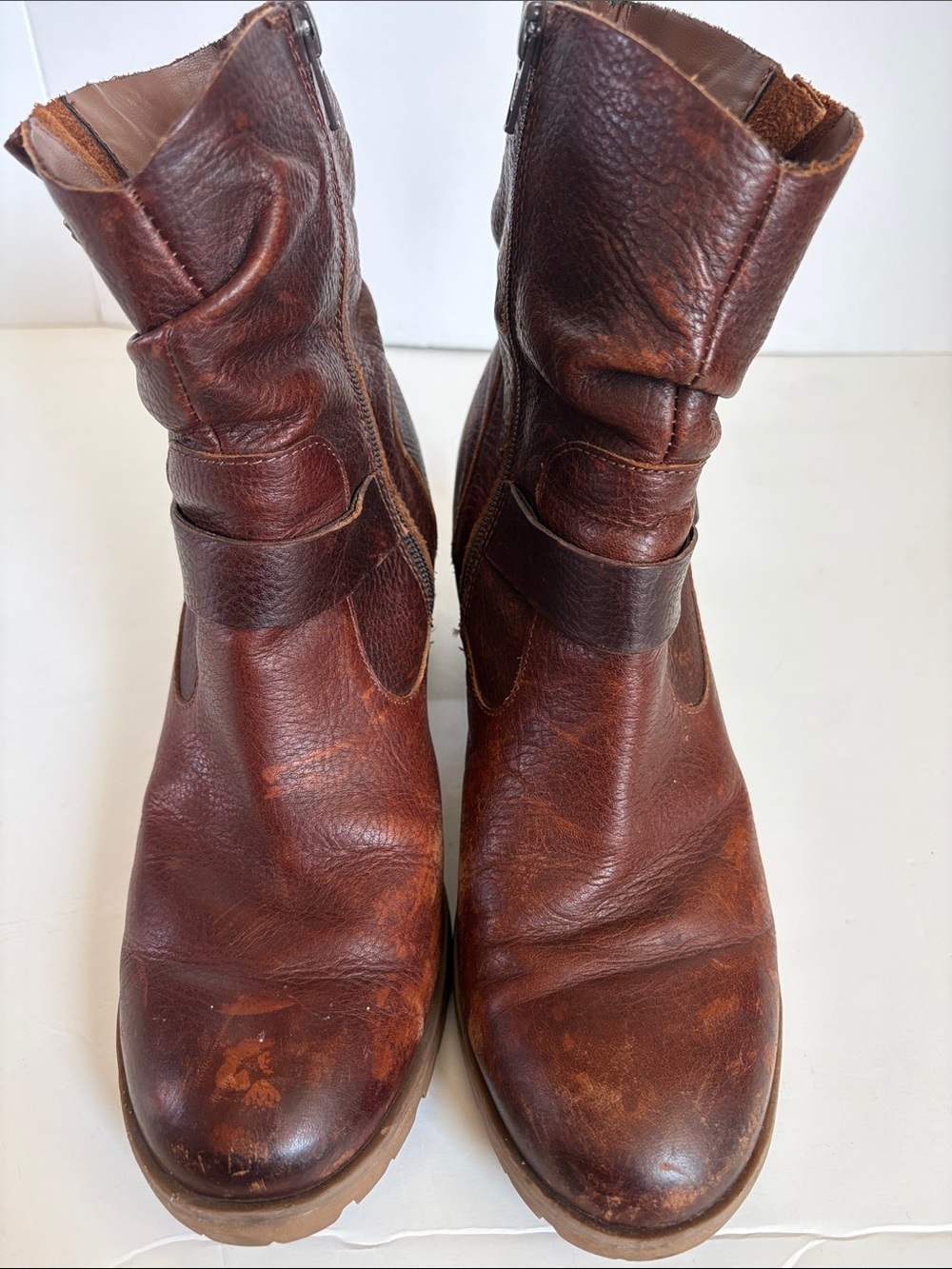 Korks burgundy brown ankle slouch leather moto boot gold hardware zip close - Picture 16 of 16